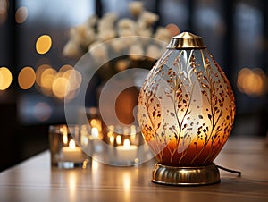 Decorative table lamps with warm colored lamps in the interior of the house.