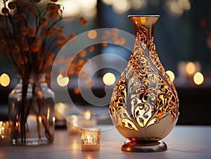 Decorative table lamps with warm colored lamps in the interior of the house.