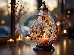 Decorative table lamps with warm colored lamps in the interior of the house.