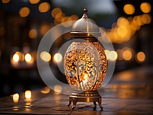 Decorative table lamps with warm colored lamps in the interior of the house.