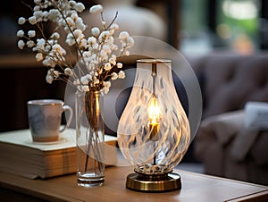 Decorative table lamps with warm colored lamps in the interior of the house.