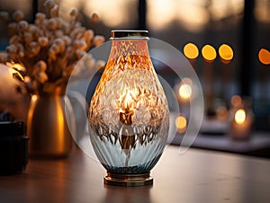 Decorative table lamps with warm colored lamps in the interior of the house.