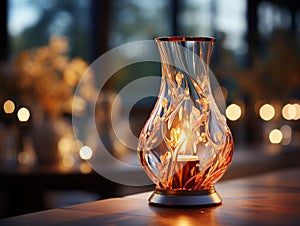 Decorative table lamps with warm colored lamps in the interior of the house.