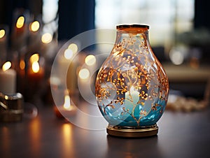 Decorative table lamps with warm colored lamps in the interior of the house.