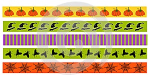 Decorative tape for Halloween party. Ð¡olor geometric ornament, pumpkin, fly, cobweb, witch hat. Vector illustration