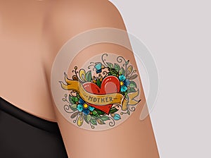 Decorative tattoo on female arm. Heart with flowers and ribbon. Mother tattoo. Realistic illustration for tattoo parlor