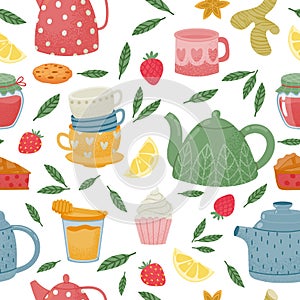 Decorative tea time seamless pattern with teapot and cup