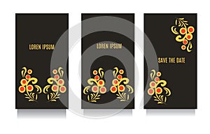 Decorative templates for invitations, greeting, visit cards and vouchers at khokhloma floral style with black background