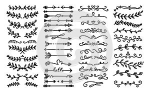 Decorative text dividers. Floral ornament border, vintage hand drawn decorations and flourish sketch calligraphic