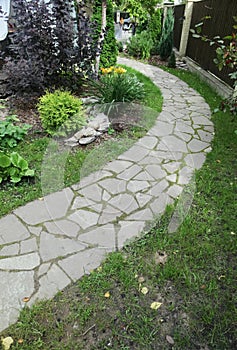 Path paved with a natural stone in a autumn garden. the inner yard is paved with decorative grey natural stone.