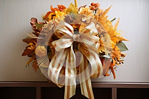 A decorative Thanksgiving wreath with ribbon