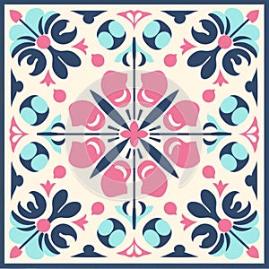 Decorative Tile Flower Pattern In Light Pink And Dark Blue