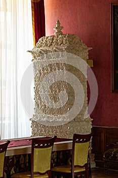 Decorative tile stove inside the Zolochiv Palace. Ukraine