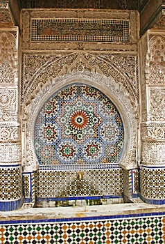 Decorative, tiled Najjarin Fountain in the old medina of Fez, Mo