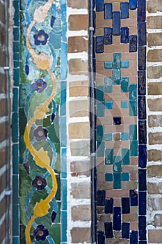 Decorative tiles at facade of Orbeliani sulphur baths building in Tbilisi, Georgia