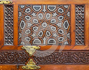 Decorative tongue and groove assembled, inlaid with ivory and ebony, Minbar of Imam Al Shafii Mosque