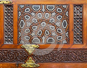 Decorative tongue and groove assembled, inlaid with ivory and ebony, Minbar of Imam Al Shafii Mosque photo