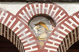 Decorative touch between arches in central courtyard of Rila Monastery, Rila, B