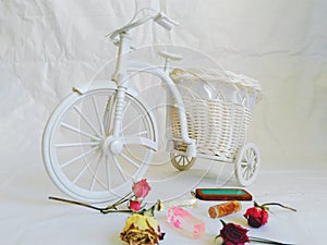 decorative toy bike and dried rose buds