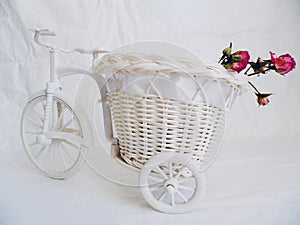 decorative toy bike and dried rose buds