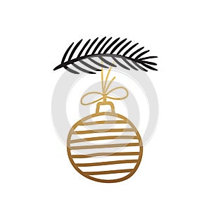 Decorative toy, golden ball in stripes weighs on a spruce branch. Symbol of Merry Christmas and Happy New Year.