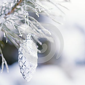 Decorative toy silver bump on the branch of a Christmas tree with snow in the forest, winter holiday background.Snow-covered Chris