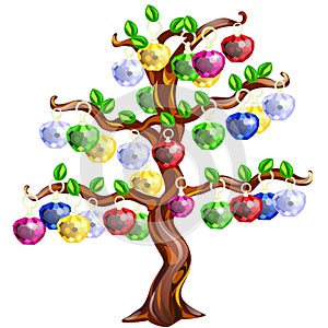 Decorative tree with apples made of precious stones isolated on white background. Vector cartoon close-up illustration.