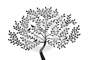 Decorative tree with birds on branches. Silhouette vector illustration