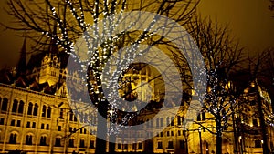 Decorative trees with golden wreath on the city street in the background of parliament.