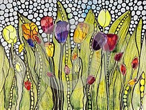 Decorative tulips with doodled leaves and polka dots. photo