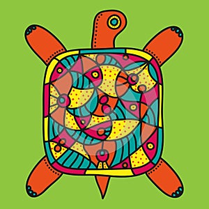 Decorative turtle with bright colorful ornament on a light green background