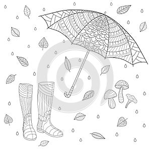 Decorative umbrella, rubber boots, falling leaves with simple patterns, rain on a isolated background. Autumn doodle illustration