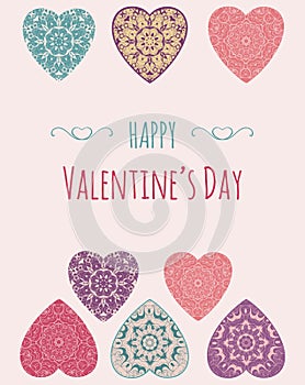 Decorative Valentine greeting card with floral ornate hearts
