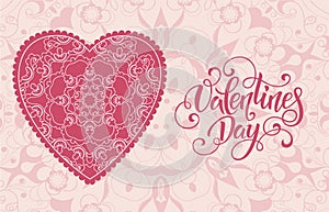 Decorative Valentine greeting card with floral ornate hearts and lettering.