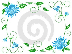 Decorative vector floral frame from blue chrysanthemums with buds,green leaves,tendrils, decoration for greeting cards,
