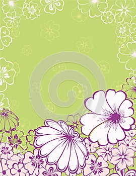 Decorative vector floral greeting card with outlines blooming fantasy flowers