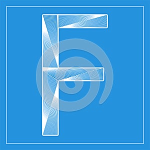 Decorative vector font. Stylized letter F. Isolated symbol on blue background