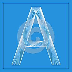 Decorative vector font. Stylized letter A. Isolated symbol on blue background.
