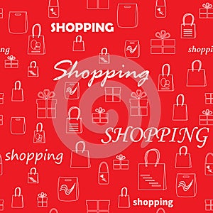 decorative vector seamless pattern - white silhouettes of shopping bags and boxes on red background