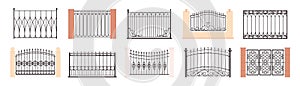 Decorative vintage fences. Ornamental metal gates and railings for balcony or terrace. Outdoor home and yard decor, racy photo