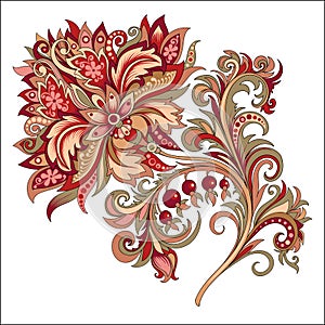 Decorative vintage golden and red flower with patterns