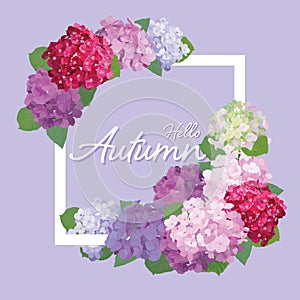 Decorative vintage hydrangea flowers with leaves in square shape frame on purple background.