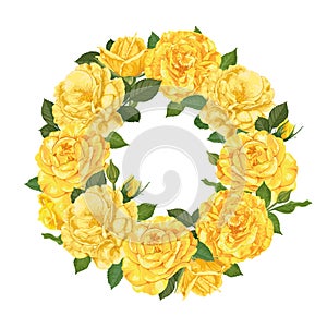 Decorative vintage yellow roses and bud with leaves in round shape.