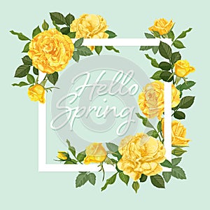 Decorative vintage yellow roses and bud with leaves in square shape.