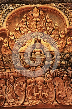 Decorative wall carvings, Banteay Srey temple, Angkor area, Siem Reap, Cambodia