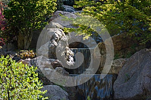 Decorative waterfall park. Green summer natural background