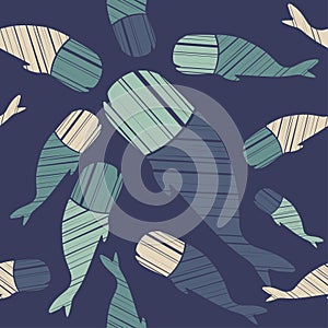 Decorative whales swim in the sea and ocean. Seamless pattern. Marine life. Cute cartoons.