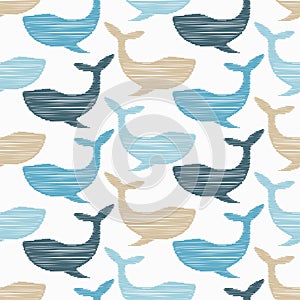 Decorative whales swim in the sea and ocean. Seamless pattern. Marine life. Cute cartoons.