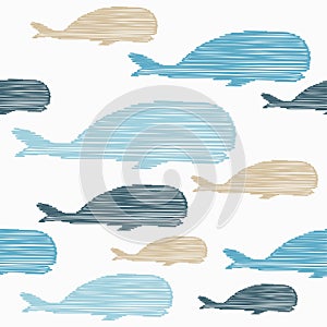 Decorative whales swim in the sea and ocean. Seamless pattern. Marine life. Cute cartoons.