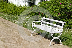 Decorative white bench in garden